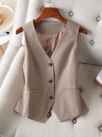 Women's Plaid Print Button Front Vest Blazer, Casual V Neck Sleeveless Waistcoat for Work Office Business, Ladies Spring & Fa...