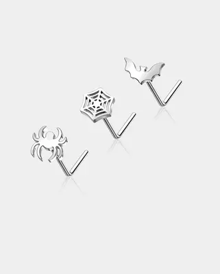 3PCS Spider and Bat Nose Stud Set - Silver