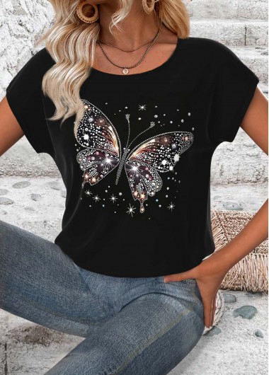 Modlily Black Butterfly Print Short Sleeve Round Neck T Shirt - L