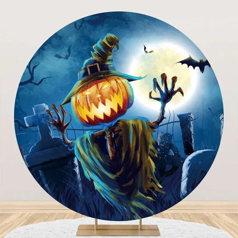 Skeleton Pumpkin Moon Night Round Halloween Backdrop
