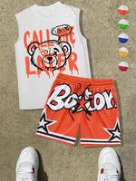 Two-Piece Set Men's Letter Print Tank Top & Star Print Shorts, Regular Fit Sleeveless Round Neck Top & Drawstring Waist Short...