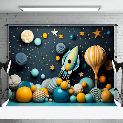 Dark Blue Rocket Balloons Stars Birthday Backdrop - Aperturee