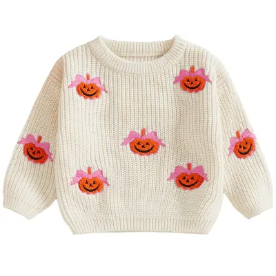 Toddler Baby Boy Girl Halloween Sweater Bow Pumpkin Embroidery Long Sleeve Knit Pullover Sweatshirt Tops Toddler Halloween Cl...