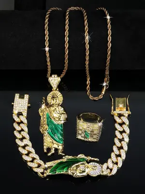 Men's Saint Jude Jewelry Set, Including Necklace & Bracelet & Ring, Rhinestone Decor Jewelry Set for Party, Daily Clothing De...