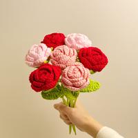 Hand-crocheted Rose Bouquet, 7 PCS Crochet Roses ,DIY Knitted Pink and Red Roses Bouquet for Valentine’s Day, Anniversary, ...