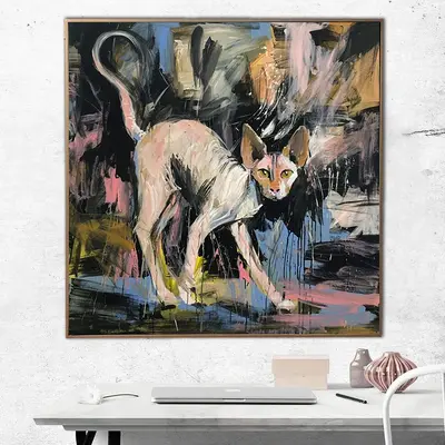 Abstract Cat Painting Canvas Vibrant Wall Art Sphynx Cat Painting Modern Sphynx Cat Fine Art Contemporary Art Wall Hanging De...