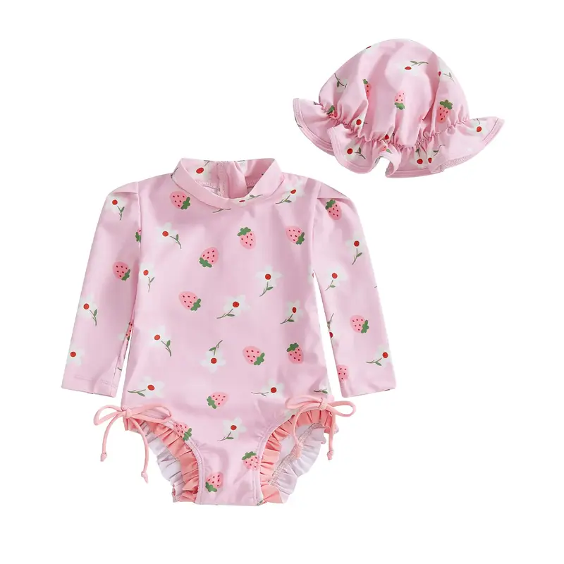 Toddler Infant Baby Girl Rash Guard Romper Swimsuit Floral/Shell Print Long Sleeve Mock Neck Bathing Suit with Hat 2 Pcs Set