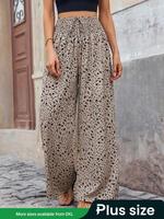 【Plus Size】 Ditsy Floral Print Tie Front Wide Leg Pants, Casual Boho Breathable Chic Shirred High Waist Trousers for Beac...