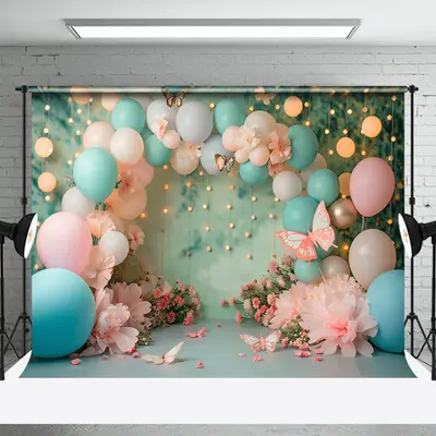 Blue Pink Balloon Butterfly Light Cake Smash Backdrop
