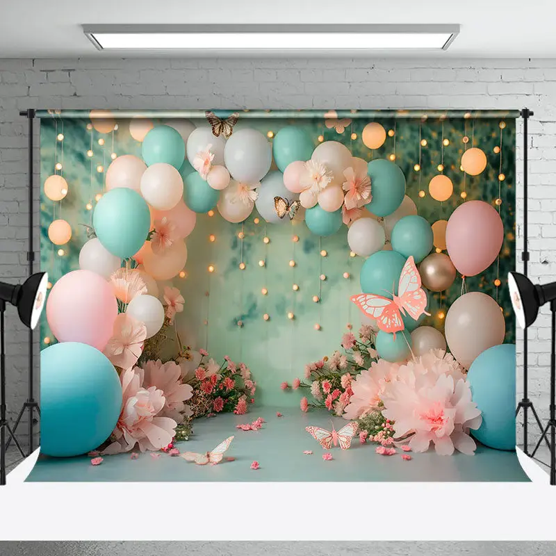Blue Pink Balloon Butterfly Light Cake Smash Backdrop