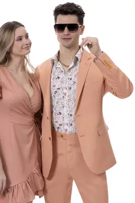 Salmon Coral Orange Linen Suit - Men's Modern Fit Casual Summer