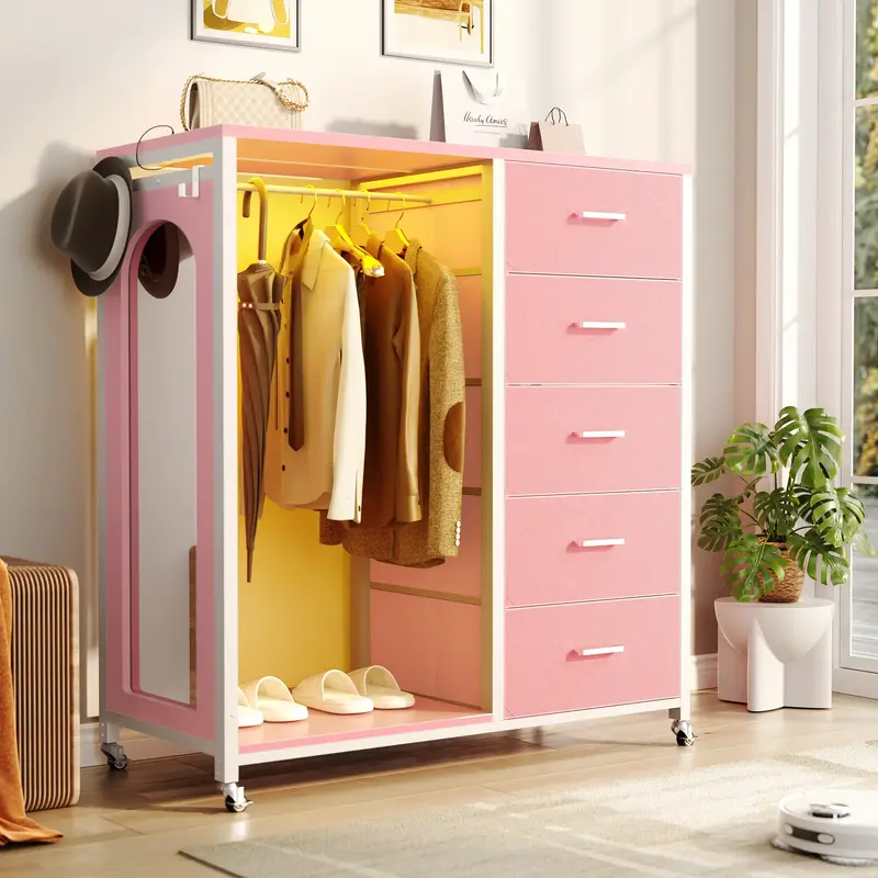 Cyclysio Chest of Dresser with 5 Fabric Drawers,Dresser for Bedroom with Clothes Rack & Mirror, Dresser with Wheels & Chargin...