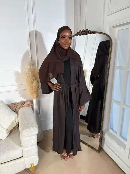 Mocha Brown Serene Linen Abaya Set - Lightweight Flowy Open Design with Matching Hijab & Belt for Everyday Elegance