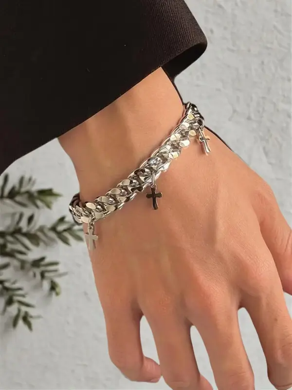 2024 Summer Trendy Easter Cross Charm Matching Bracelet, Punk Design Simple Cuban New Trendy Bracelet for Daily Used, Stainle...