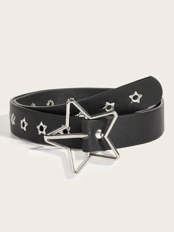 1 Piece Fashion Star Decor PU Leather Belt, Punk Rivet Decorated Waistband for Jeans Trousers, Grommet Eyelet Design Star Buc...