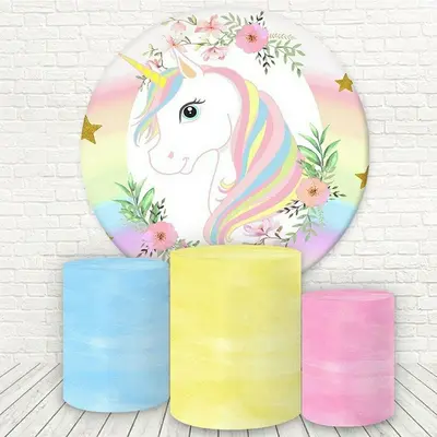 Aperturee Pink Floral And Unicorn Round Happy Birthday Backdrop | Circle Birthday Backdrop Cover | Circle Party Backdrop | Bi...