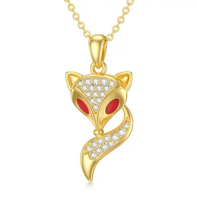 14K Gold Cubic Zirconia Fox Pendant Necklace