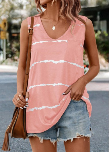 Modlily Pink Striped V Neck Tank Top - L
