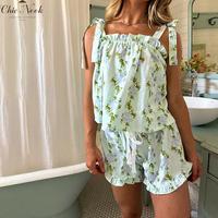 Women Pajamas Set 2 Pieces Loungewear Suits Floral Print Tie-Up Straps Sleeveless Cami Tops and Shorts Sleepwear Outfits
