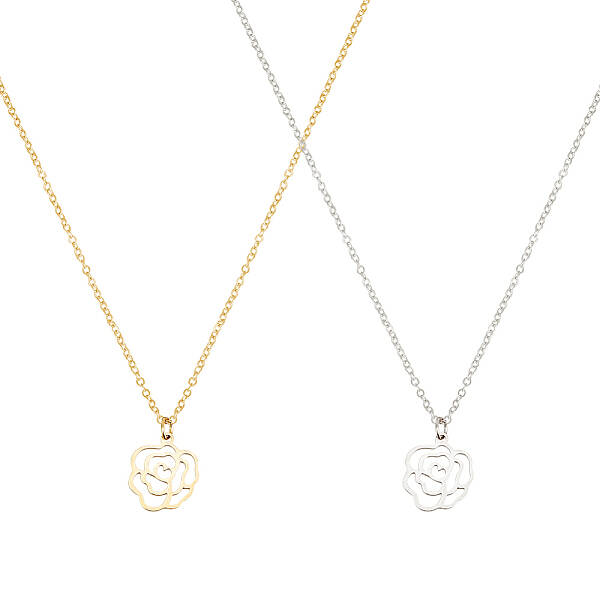 2Pcs 2 Colors 304 Stainless Steel Hollow Rose Pendant Necklaces Set for Women