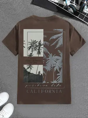Men's Short Sleeve Round Neck Graphic Tee, Regular Fit Coconut Tree Print Crew Neck T-Shirt for Men, Casual Comfy Men's Top...