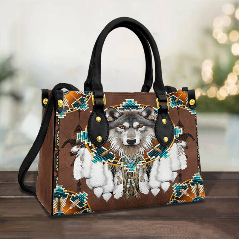 Blue Mandala Feather Wolf Native Leather Bag