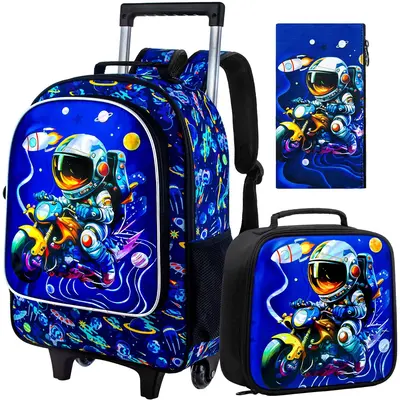 3Pcs Rolling Backpack for Boys, Kids Roller Bookbag with Wheels, Space Wheeled Backpacks Set for Elementary Toddler(Blue)
