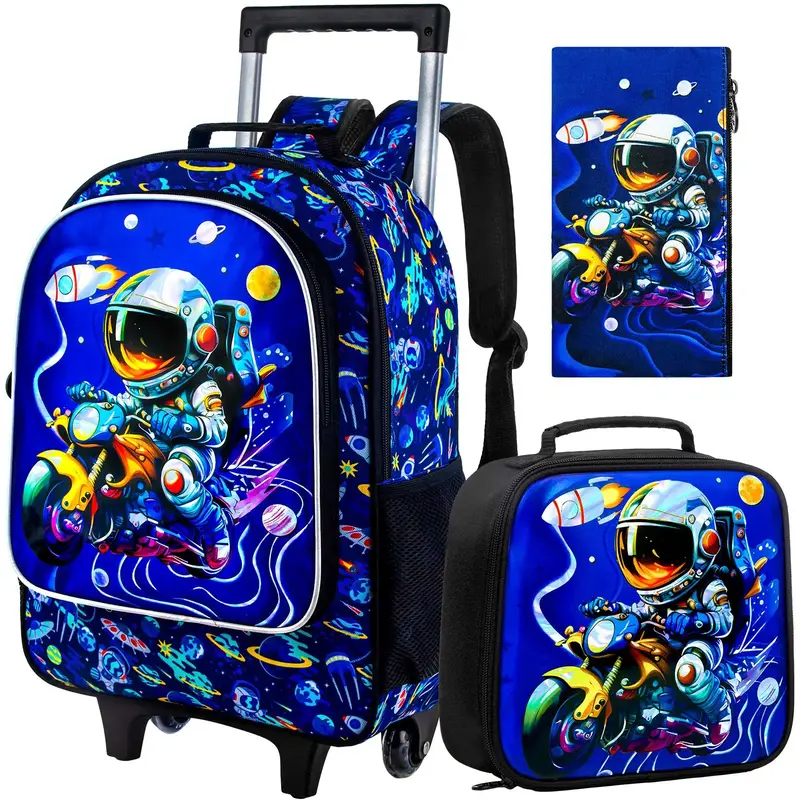 3Pcs Rolling Backpack for Boys, Kids Roller Bookbag with Wheels, Space Wheeled Backpacks Set for Elementary Toddler(Blue)
