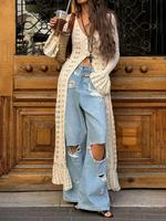 Women's Plain Hollow Out Button Front Cardigan, Chic Elegant Fitted Flounce Sleeve Knitwear for Summer, Fashion Women's Knit ...
