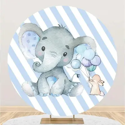 Blue Stripe Elephant Round Baby Shower Backdrop - Aperturee