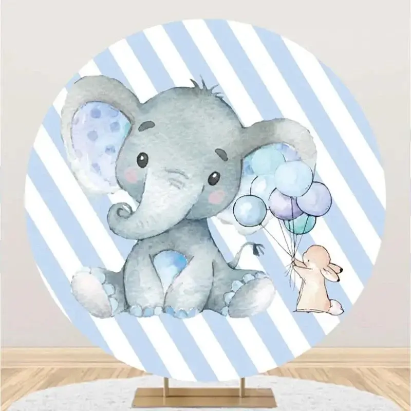 Blue Stripe Elephant Round Baby Shower Backdrop - Aperturee
