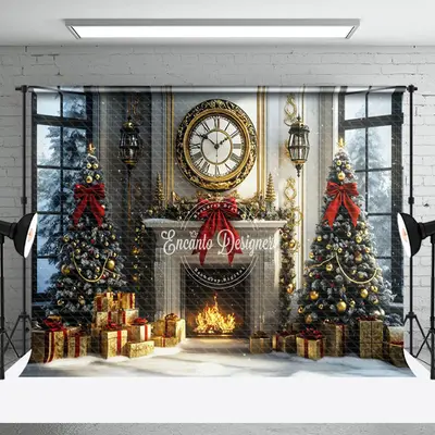 Aperturee White Gold Fireplace Clock Window Christmas Backdrop | Xmas Backdrop | Christmas Background Photography | Christmas...