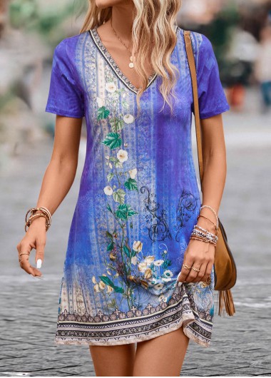 Modlily Purple Lightweight Floral Print Short V Neck Dress - XL