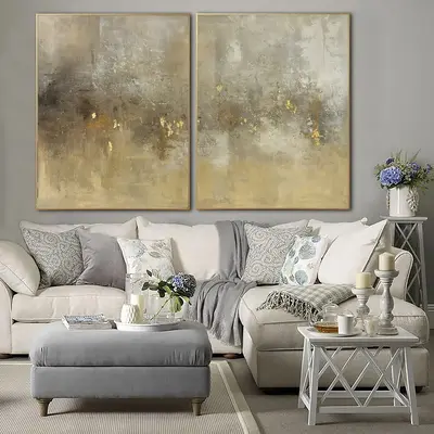 Large Abstract Gold Paintings Set of 2 Wall Art Large Abstract Canvas Beige Contemporary Art Acrylic Painting Living Room Wal...