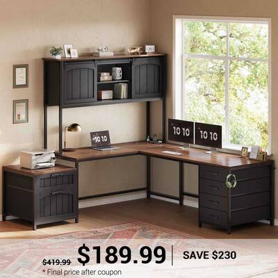 SEDETA 63 Inch Farmhouse L Shaped Computer Desk with 6 Drawers, Reversible Two Person Office Desk with Power Outlet, Storage ...
