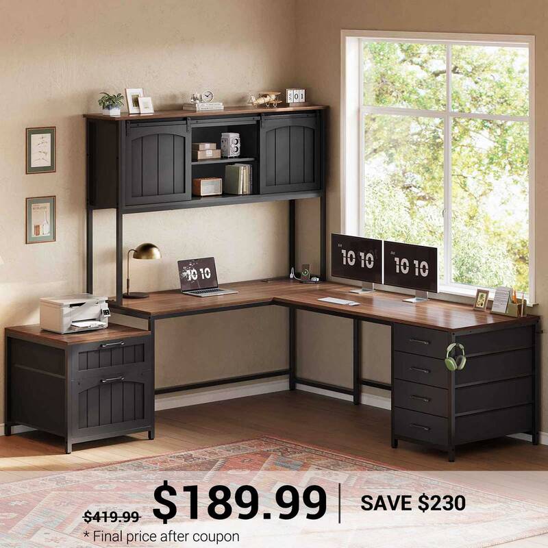 SEDETA 63 Inch Farmhouse L Shaped Computer Desk with 6 Drawers, Reversible Two Person Office Desk with Power Outlet, Storage ...