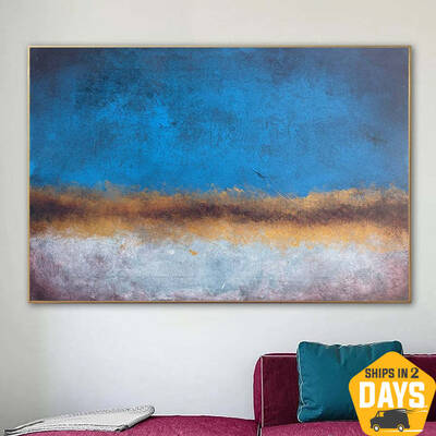 Modern Abstract Landscape Paintings on Canvas In Blue, Beige And Gold Colors Original Minimalist Art Textured Painting Wall D...