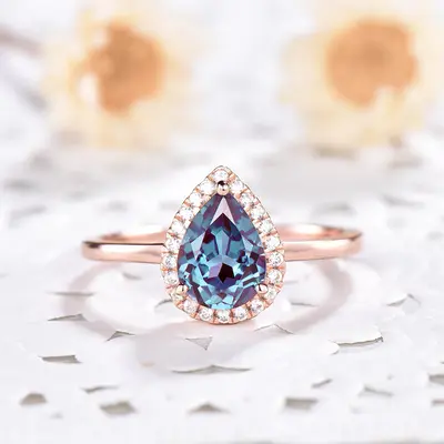 Vintage Pear Shaped Lab Alexandrite Engagement Ring