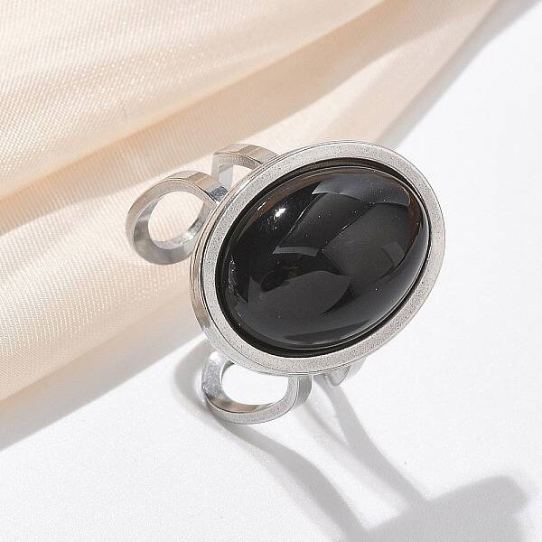 Oval Natural Black Agate Finger Rings