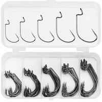 Fishing Hook Set, 50pcs/box Jig Crank Barbed Hook, High Carbon Stainless Steel Wide Gap Offset Fishhook, Soft Worm Sea Hook T...