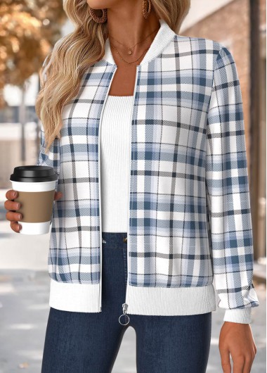 Modlily Blue Tummy Coverage Plaid Long Sleeve Stand Collar Jacket - M