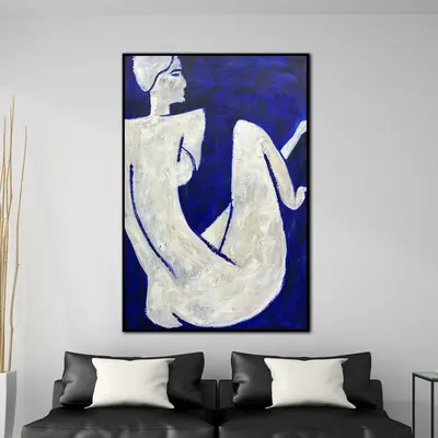 Original Woman Oil Painting Modern White and Blue Wall Art Abstract Monochrome Artwork for Room | DESOLATION