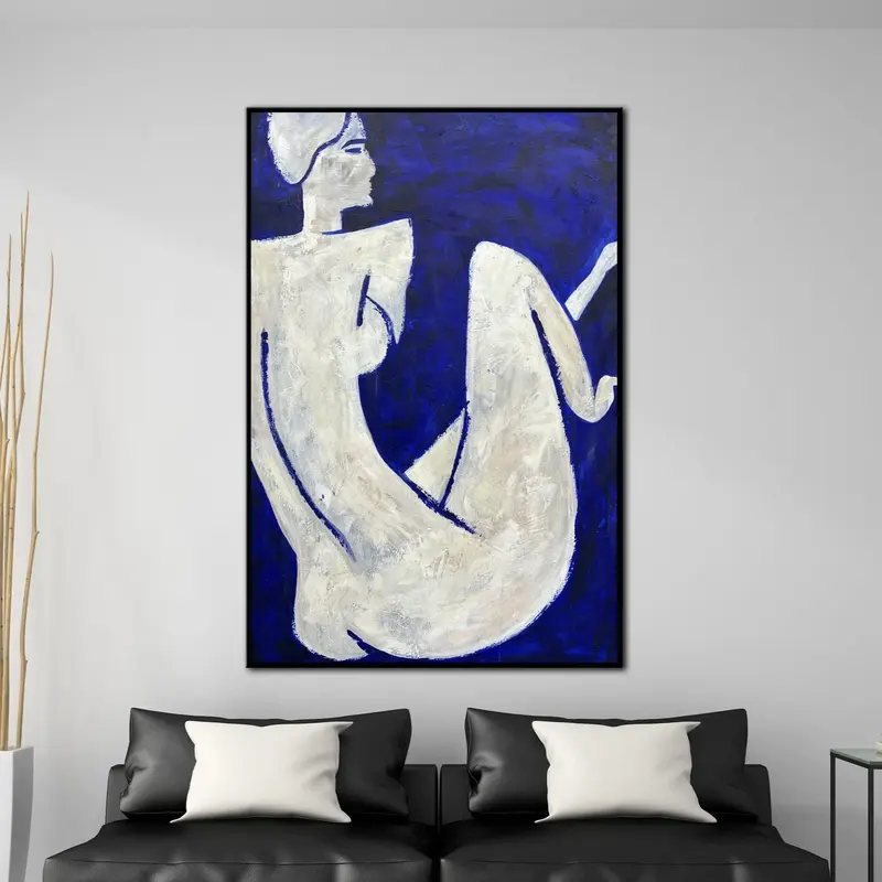 Original Woman Oil Painting Modern White and Blue Wall Art Abstract Monochrome Artwork for Room | DESOLATION