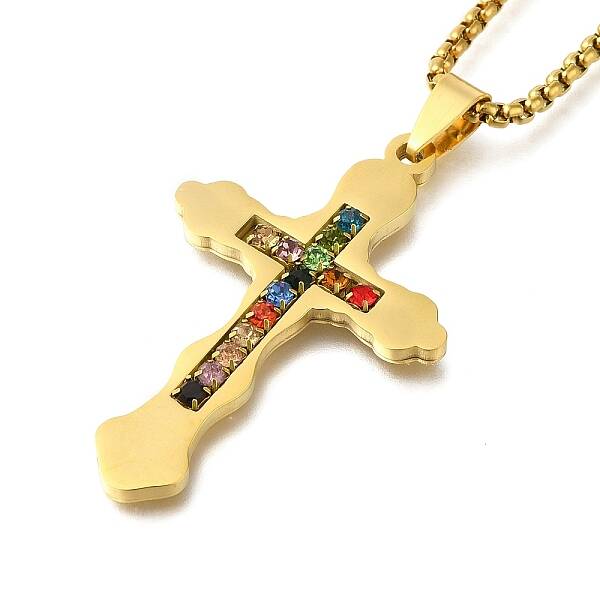 304 Stainless Steel Colorful Cubic Zirconia Cross Pendant Box Chain Necklaces