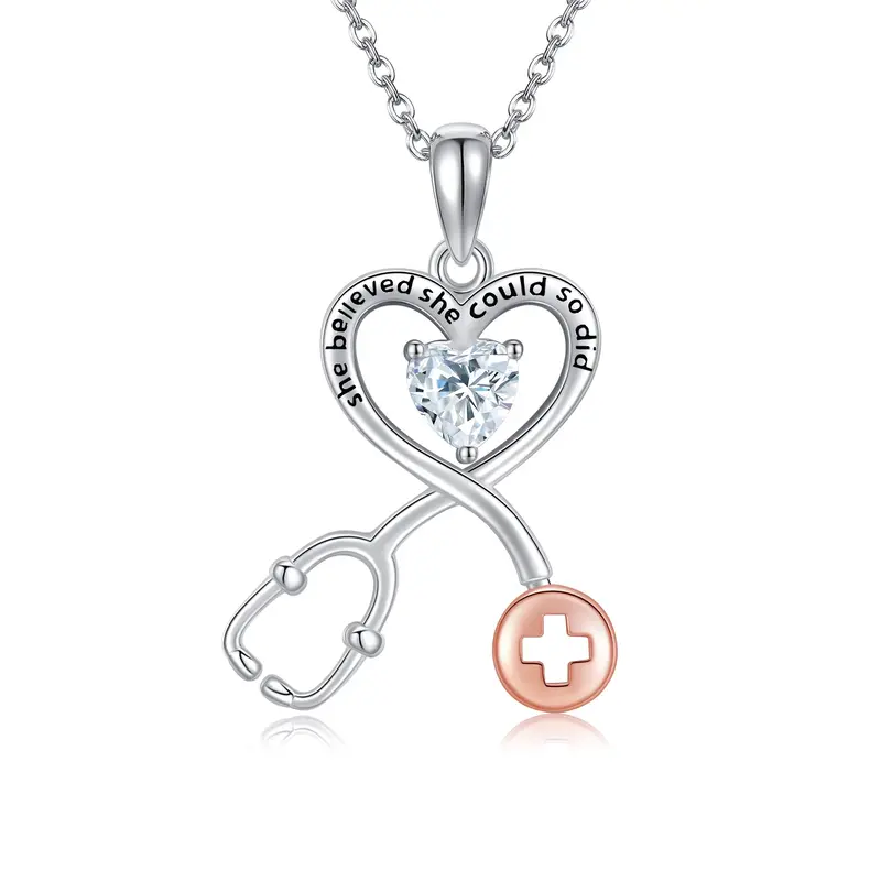 Sterling Silver Two-tone Cubic Zirconia Heart & Stethoscope Pendant Necklace with Engraved Word