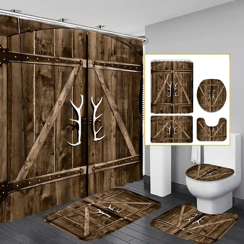 Vintage Wood Board Pattern Shower Curtain, 4 Counts Bath Mat & U-shaped Toilet Rug & Toilet Lid Mat & Shower Curtain Set Or 1...