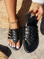 Women's Fashionable Plain Color PU Leather Flip Sandal, Casual Comfortable Slide Sandals for Summer, Toe Sandals, Flat Sandal...