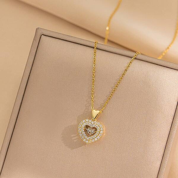 Heart 304 Stainless Steel Micro Pave Cubic Zirconia Pendant Necklaces for Women