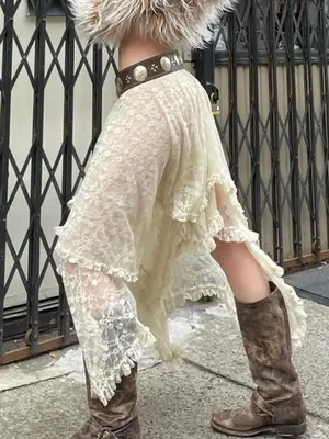 Women's Solid Asymmetrical Hem Frill Trim Sheer Lace Midi Skirt, Boho Style Layered Elastic Waist Skirt for Daily Wear, Ladie...