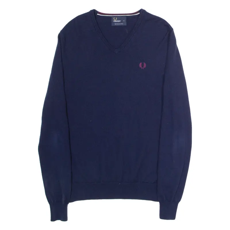 FRED PERRY Mens Jumper Blue V-Neck Tight Knit Wool L